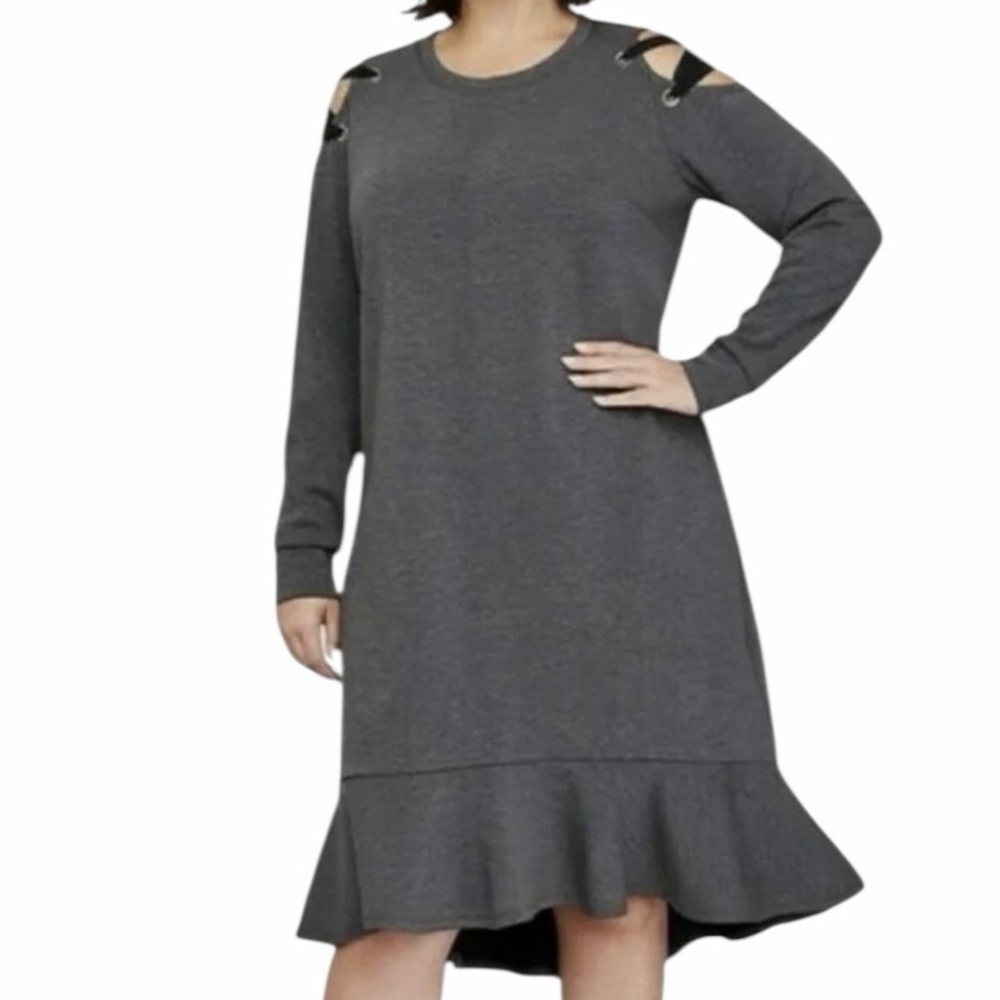 Lane Bryant Grey Ponte Knit Lace Up Cold Shoulder Ruffle Hem Dress 22/24